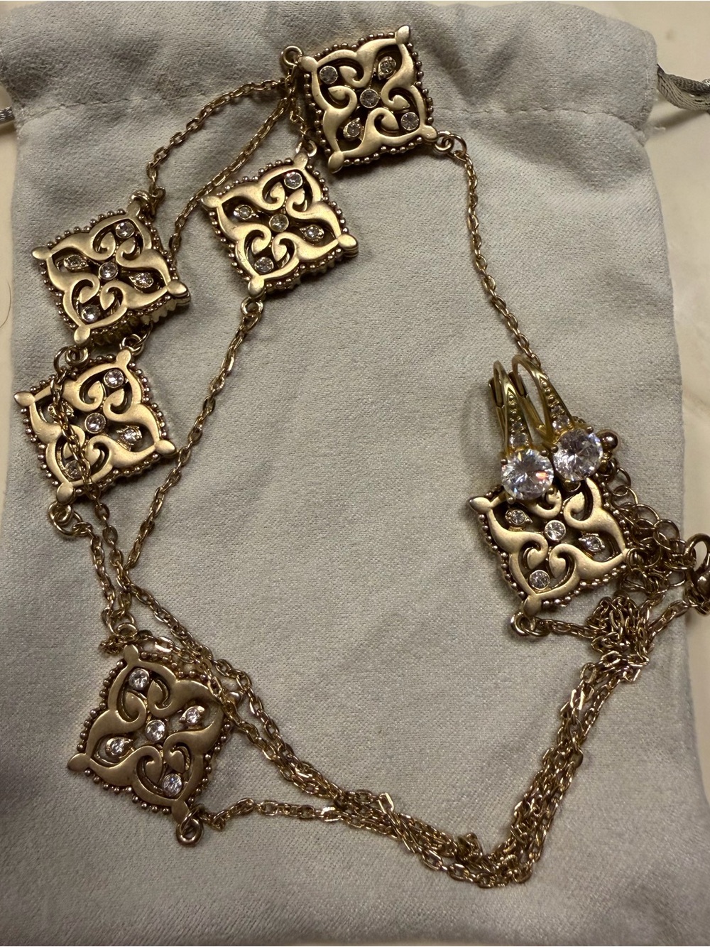 LOFT Long Gold Filigree Crystal Station Necklace & Earrings